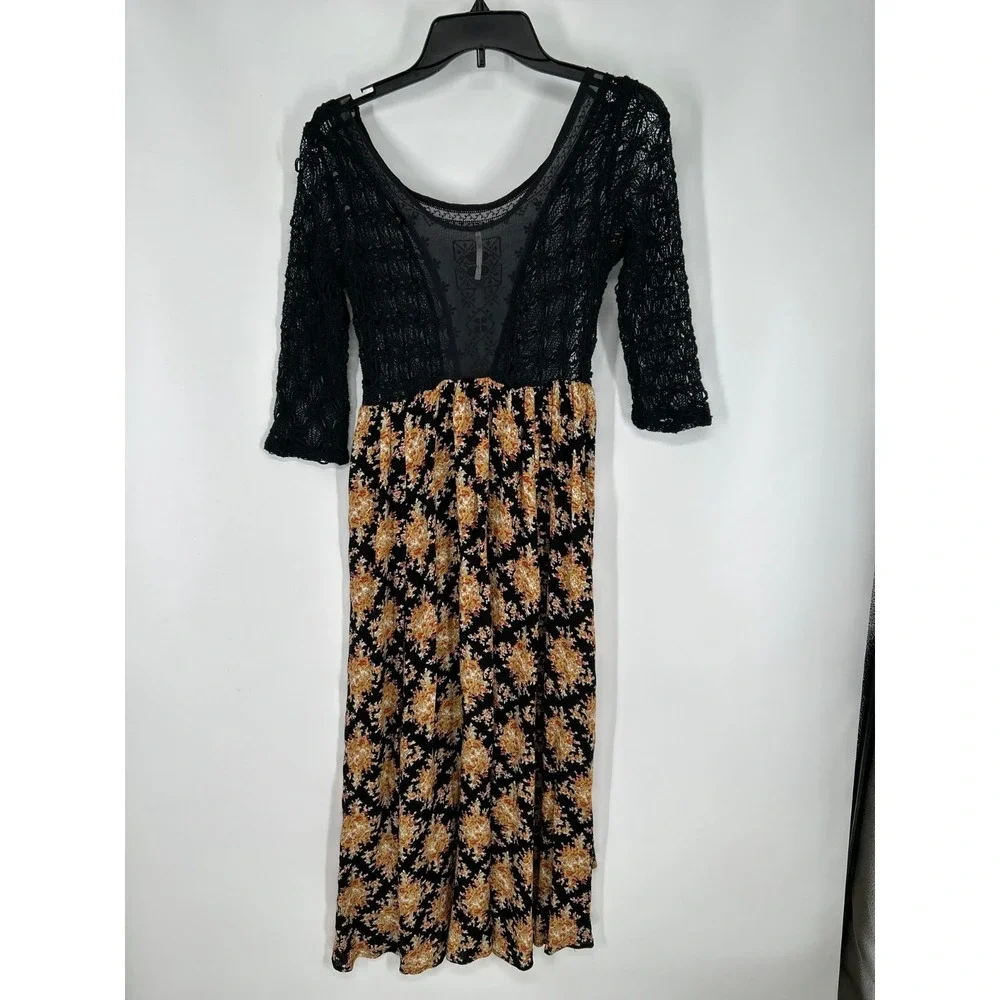 Free People Lonesome Dove Boho Dress Women's 2‎ Black Floral Lace Trim High Low